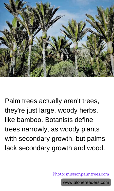 Palm trees actually aren't trees, they're just large, woody herbs, like bamboo. Botanists define trees narrowly, as woody plants with secondary growth, but palms lack secondary growth and wood.