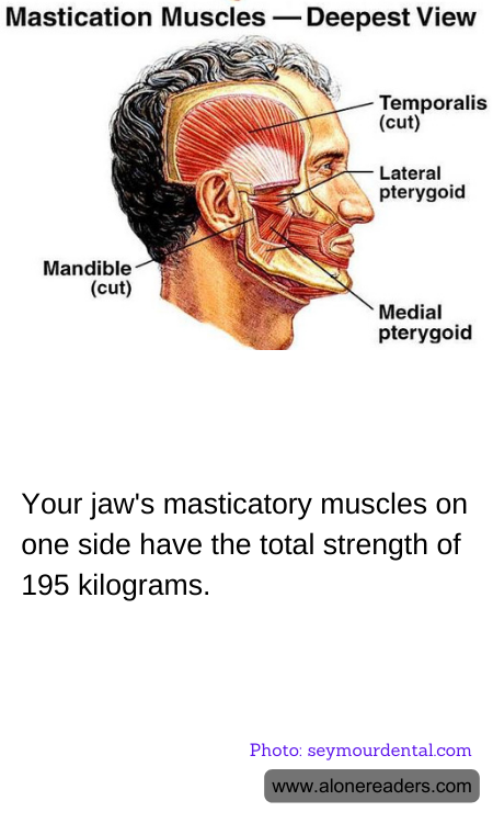 Your jaw's masticatory muscles on one side have the total strength of 195 kilograms.