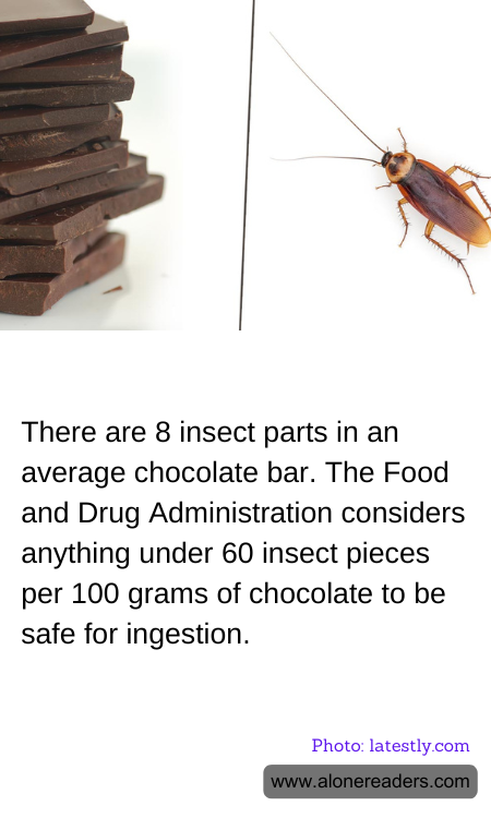 There are 8 insect parts in an average chocolate bar. The Food and Drug Administration considers anything under 60 insect pieces per 100 grams of chocolate to be safe for ingestion.