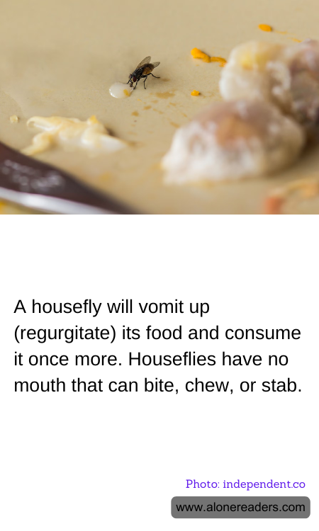 A housefly will vomit up (regurgitate) its food and consume it once more. Houseflies have no mouth that can bite, chew, or stab.