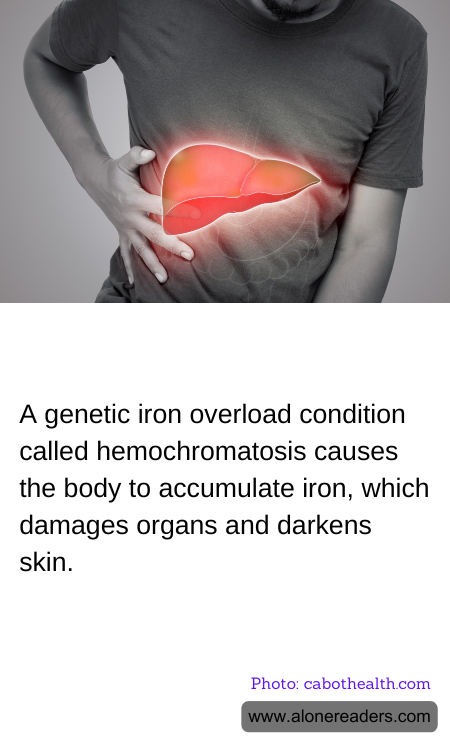 A genetic iron overload condition called hemochromatosis causes the body to accumulate iron, which damages organs and darkens skin.
