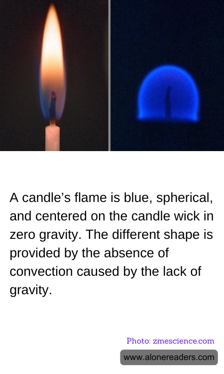 A candle’s flame is blue, spherical, and centered on the candle wick in zero gravity. The different shape is provided by the absence of convection caused by the lack of gravity.