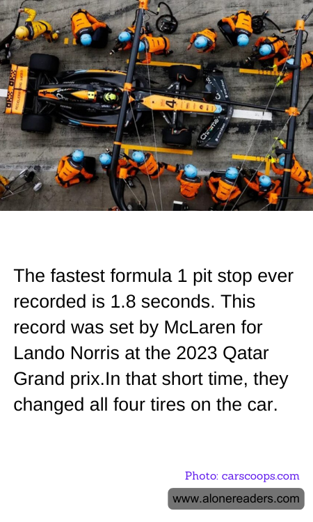 The fastest formula 1 pit stop ever recorded is 1.8 seconds. This record was set by McLaren for Lando Norris at the 2023 Qatar Grand prix.In that short time, they changed all four tires on the car.