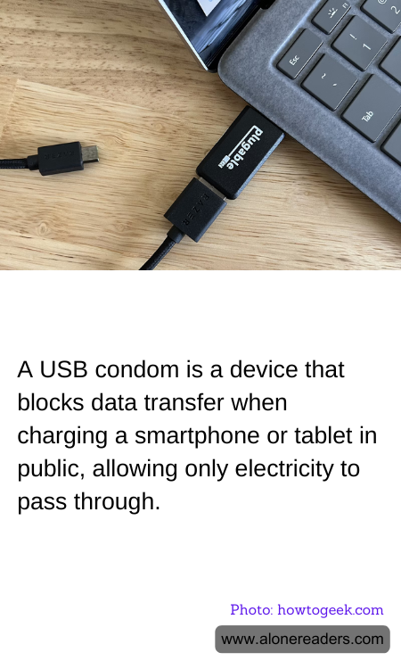 A USB condom is a device that blocks data transfer when charging a smartphone or tablet in public, allowing only electricity to pass through.