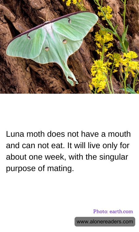 Luna moth does not have a mouth and can not eat. It will live only for about one week, with the singular purpose of mating.