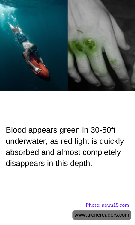 Blood appears green in 30-50ft underwater, as red light is quickly absorbed and almost completely disappears in this depth.