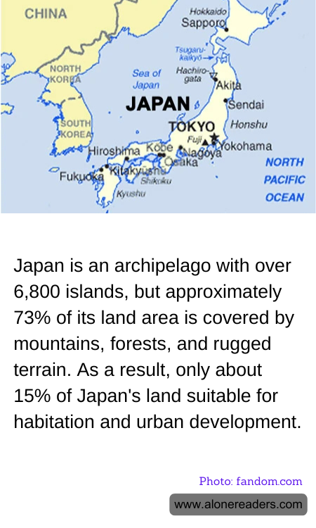 Japan is an archipelago with over 6,800 islands, but approximately 73% of its land area is covered by mountains, forests, and rugged terrain. As a result, only about 15% of Japan's land suitable for habitation and urban development.