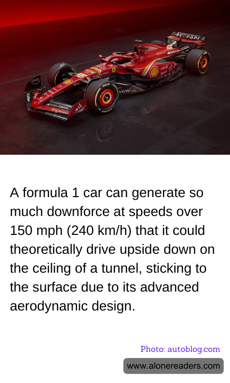 A formula 1 car can generate so much downforce at speeds over 150 mph (240 km/h) that it could theoretically drive upside down on the ceiling of a tunnel, sticking to the surface due to its advanced aerodynamic design.