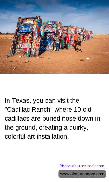 In Texas, you can visit the "Cadillac Ranch" where 10 old cadillacs are buried nose down in the ground, creating a quirky, colorful art installation.