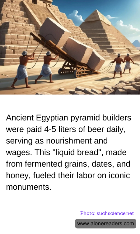 Ancient Egyptian pyramid builders were paid 4-5 liters of beer daily, serving as nourishment and wages. This "liquid bread", made from fermented grains, dates, and honey, fueled their labor on iconic monuments.