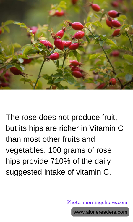 The rose does not produce fruit, but its hips are richer in Vitamin C than most other fruits and vegetables. 100 grams of rose hips provide 710% of the daily suggested intake of vitamin C.