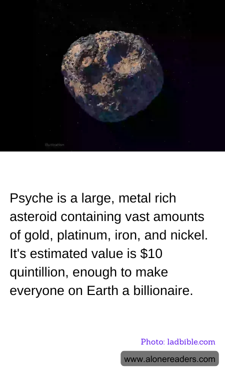 Psyche is a large, metal rich asteroid containing vast amounts of gold, platinum, iron, and nickel. It's estimated value is $10 quintillion, enough to make everyone on Earth a billionaire.
