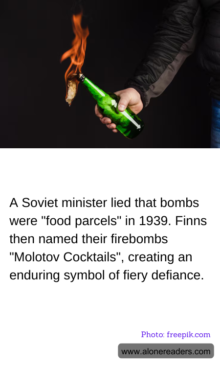 A Soviet minister lied that bombs were "food parcels" in 1939. Finns then named their firebombs "Molotov Cocktails", creating an enduring symbol of fiery defiance.