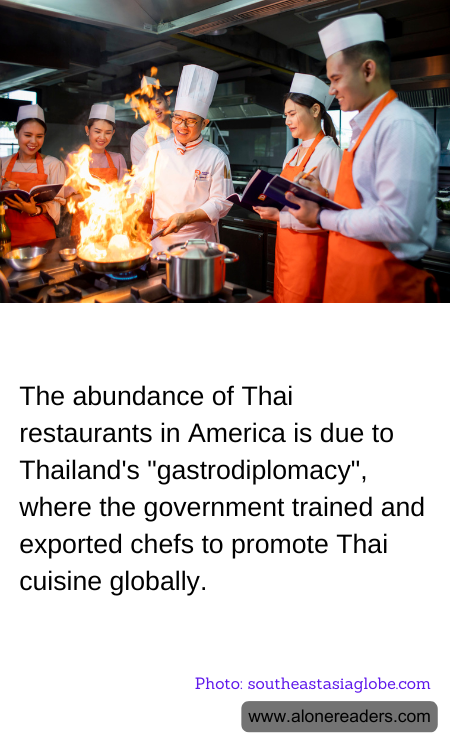 The abundance of Thai restaurants in America is due to Thailand's "gastrodiplomacy", where the government trained and exported chefs to promote Thai cuisine globally.