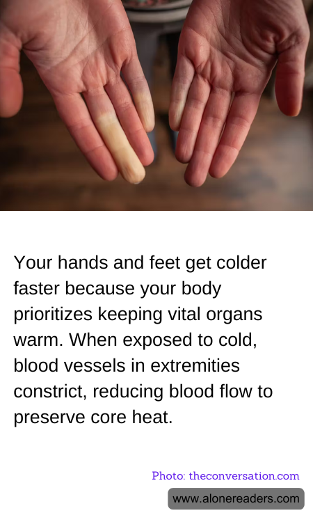 Your hands and feet get colder faster because your body prioritizes keeping vital organs warm. When exposed to cold, blood vessels in extremities constrict, reducing blood flow to preserve core heat.