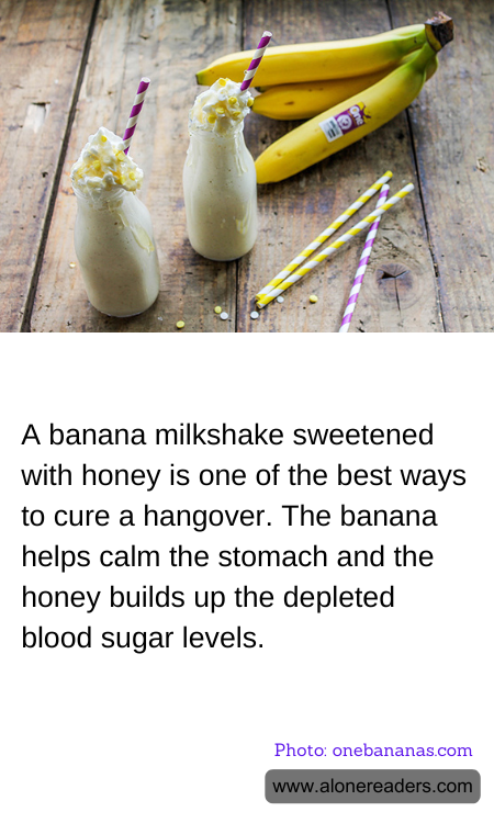 A banana milkshake sweetened with honey is one of the best ways to cure a hangover. The banana helps calm the stomach and the honey builds up the depleted blood sugar levels.