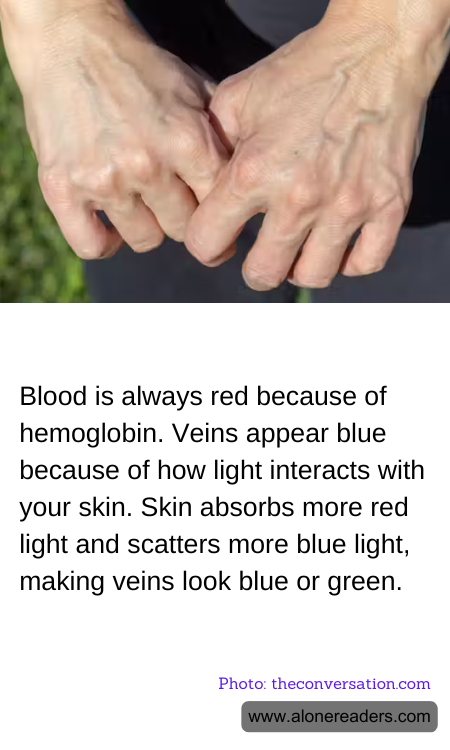 Blood is always red because of hemoglobin. Veins appear blue because of how light interacts with your skin. Skin absorbs more red light and scatters more blue light, making veins look blue or green.