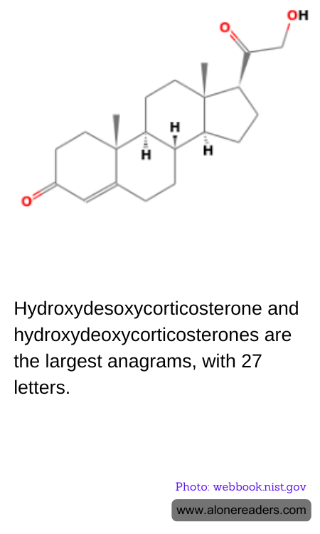 Hydroxydesoxycorticosterone and hydroxydeoxycorticosterones are the largest anagrams, with 27 letters.
