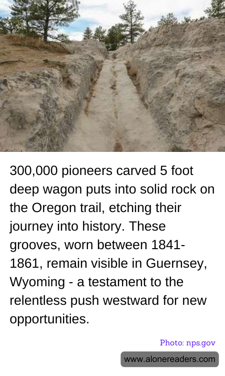 300,000 pioneers carved 5 foot deep wagon puts into solid rock on the Oregon trail, etching their journey into history. These grooves, worn between 1841-1861, remain visible in Guernsey, Wyoming - a testament to the relentless push westward for new opportunities.