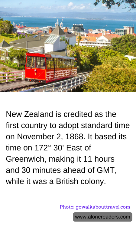New Zealand is credited as the first country to adopt standard time on November 2, 1868. It based its time on 172° 30' East of Greenwich, making it 11 hours and 30 minutes ahead of GMT, while it was a British colony.