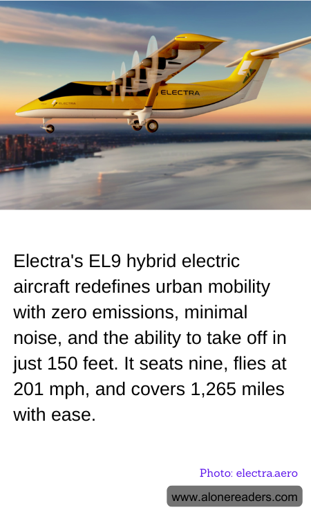 Electra's EL9 hybrid electric aircraft redefines urban mobility with zero emissions, minimal noise, and the ability to take off in just 150 feet. It seats nine, flies at 201 mph, and covers 1,265 miles with ease.