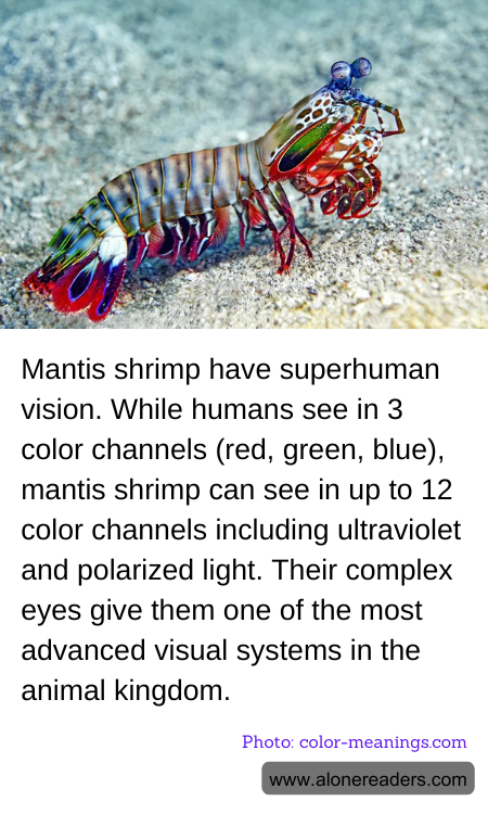 Mantis shrimp have superhuman vision. While humans see in 3 color channels (red, green, blue), mantis shrimp can see in up to 12 color channels including ultraviolet and polarized light. Their complex eyes give them one of the most advanced visual systems in the animal kingdom.
