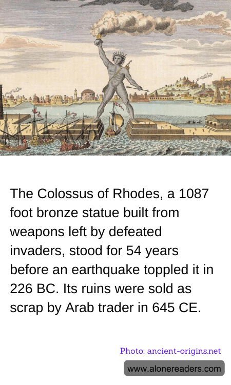 The Colossus of Rhodes, a 1087 foot bronze statue built from weapons left by defeated invaders, stood for 54 years before an earthquake toppled it in 226 BC. Its ruins were sold as scrap by Arab trader in 645 CE.