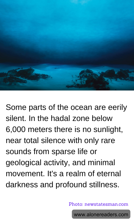 Some parts of the ocean are eerily silent. In the hadal zone below 6,000 meters there is no sunlight, near total silence with only rare sounds from sparse life or geological activity, and minimal movement. It's a realm of eternal darkness and profound stillness.