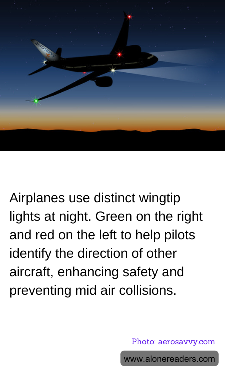 Airplanes use distinct wingtip lights at night. Green on the right and red on the left to help pilots identify the direction of other aircraft, enhancing safety and preventing mid air collisions.