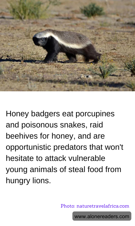Honey badgers eat porcupines and poisonous snakes, raid beehives for honey, and are opportunistic predators that won't hesitate to attack vulnerable young animals of steal food from hungry lions.