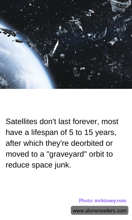 Satellites don't last forever, most have a lifespan of 5 to 15 years, after which they're deorbited or moved to a "graveyard" orbit to reduce space junk.