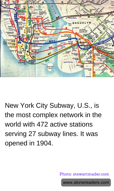 New York City Subway, U.S., is the most complex network in the world with 472 active stations serving 27 subway lines. It was opened in 1904.