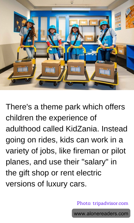 There's a theme park which offers children the experience of adulthood called KidZania. Instead going on rides, kids can work in a variety of jobs, like fireman or pilot planes, and use their "salary" in the gift shop or rent electric versions of luxury cars.