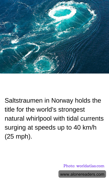 Saltstraumen in Norway holds the title for the world's strongest natural whirlpool with tidal currents surging at speeds up to 40 km/h (25 mph).