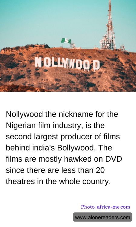 Nollywood the nickname for the Nigerian film industry, is the second largest producer of films behind india's Bollywood. The films are mostly hawked on DVD since there are less than 20 theatres in the whole country.