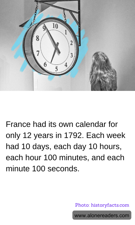 France had its own calendar for only 12 years in 1792. Each week had 10 days, each day 10 hours, each hour 100 minutes, and each minute 100 seconds.