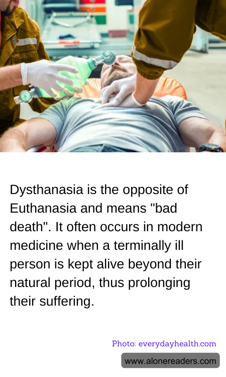 Dysthanasia is the opposite of Euthanasia and means "bad death". It often occurs in modern medicine when a terminally ill person is kept alive beyond their natural period, thus prolonging their suffering.