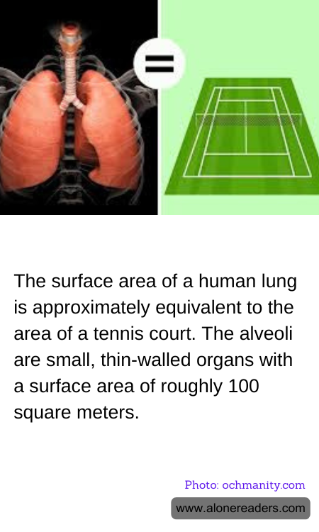 The surface area of a human lung is approximately equivalent to the area of a tennis court. The alveoli are small, thin-walled organs with a surface area of roughly 100 square meters.