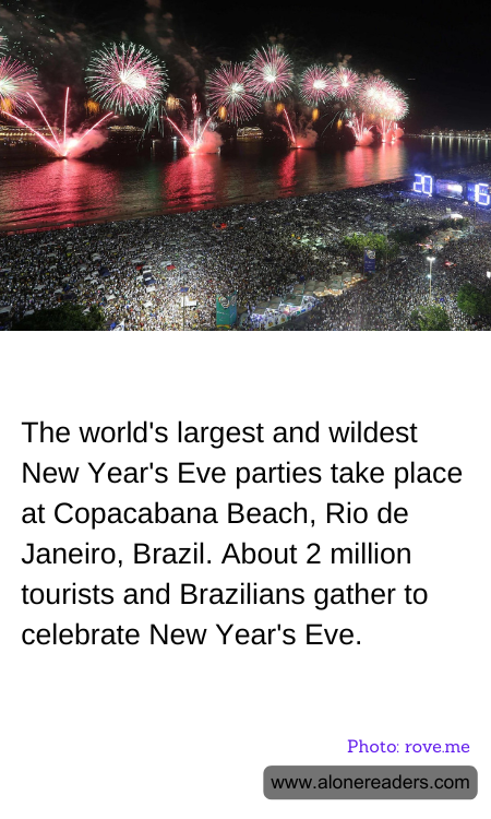 The world's largest and wildest New Year's Eve parties take place at Copacabana Beach, Rio de Janeiro, Brazil. About 2 million tourists and Brazilians gather to celebrate New Year's Eve.