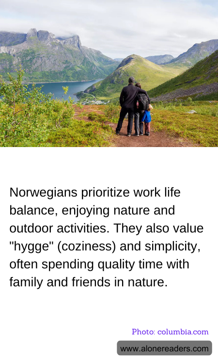 Norwegians prioritize work life balance, enjoying nature and outdoor activities. They also value "hygge" (coziness) and simplicity, often spending quality time with family and friends in nature.