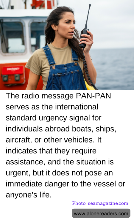 The radio message PAN-PAN serves as the international standard urgency signal for individuals abroad boats, ships, aircraft, or other vehicles. It indicates that they require assistance, and the situation is urgent, but it does not pose an immediate danger to the vessel or anyone's life.