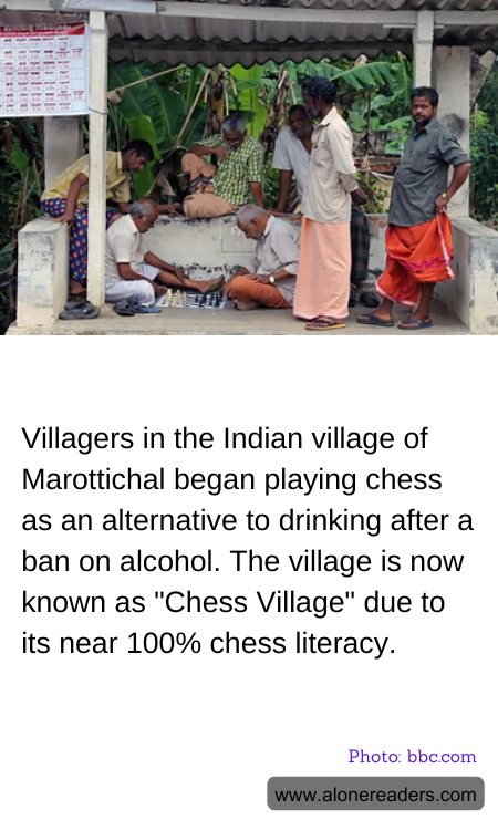 Villagers in the Indian village of Marottichal began playing chess as an alternative to drinking after a ban on alcohol. The village is now known as "Chess Village" due to its near 100% chess literacy.