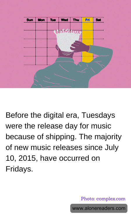 Before the digital era, Tuesdays were the release day for music because of shipping. The majority of new music releases since July 10, 2015, have occurred on Fridays.