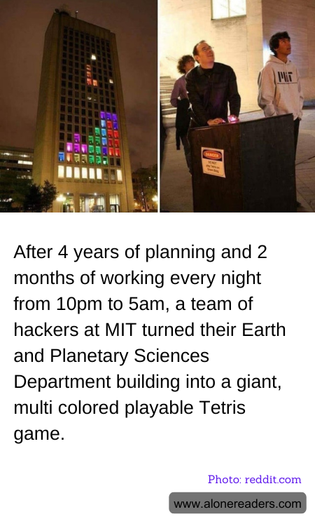 After 4 years of planning and 2 months of working every night from 10pm to 5am, a team of hackers at MIT turned their Earth and Planetary Sciences Department building into a giant, multi colored playable Tetris game.