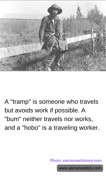 A "tramp" is someone who travels but avoids work if possible. A "bum" neither travels nor works, and a "hobo" is a traveling worker.