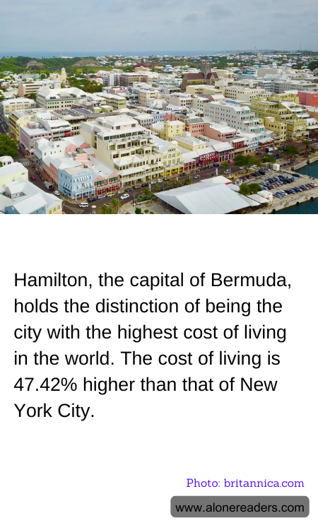 Hamilton, the capital of Bermuda, holds the distinction of being the city with the highest cost of living in the world. The cost of living is 47.42% higher than that of New York City.