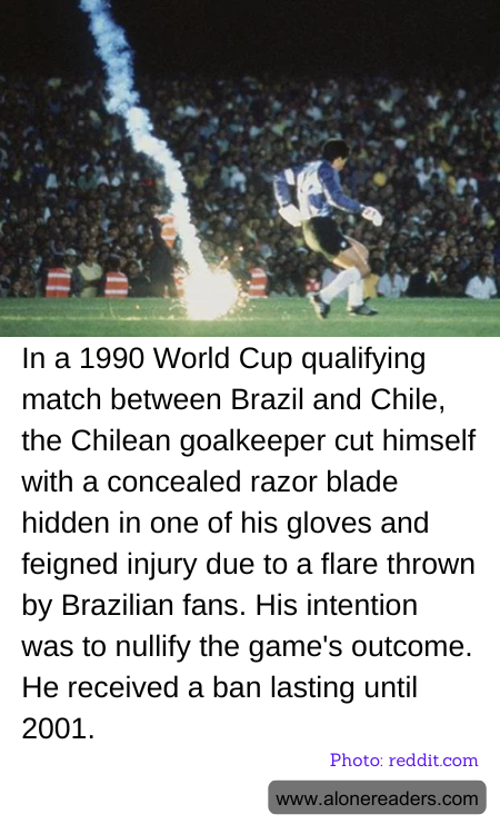 In a 1990 World Cup qualifying match between Brazil and Chile, the Chilean goalkeeper cut himself with a concealed razor blade hidden in one of his gloves and feigned injury due to a flare thrown by Brazilian fans. His intention was to nullify the game's outcome. He received a ban lasting until 2001.