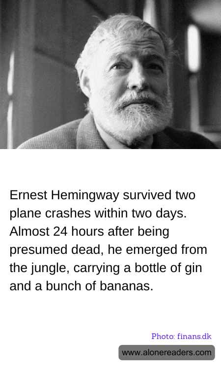 Ernest Hemingway survived two plane crashes within two days. Almost 24 hours after being presumed dead, he emerged from the jungle, carrying a bottle of gin and a bunch of bananas.