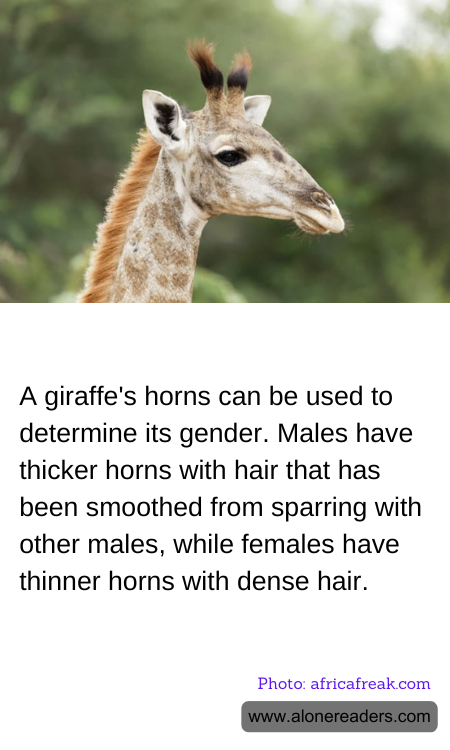 A giraffe's horns can be used to determine its gender. Males have thicker horns with hair that has been smoothed from sparring with other males, while females have thinner horns with dense hair.