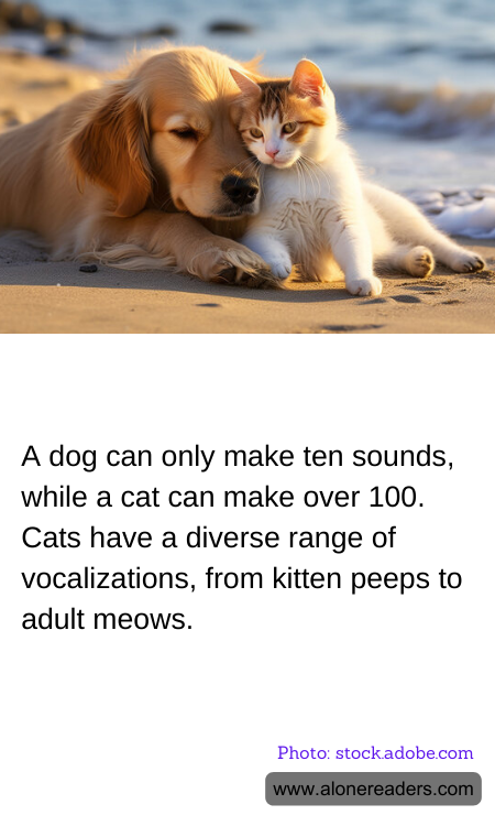 A dog can only make ten sounds, while a cat can make over 100. Cats have a diverse range of vocalizations, from kitten peeps to adult meows.